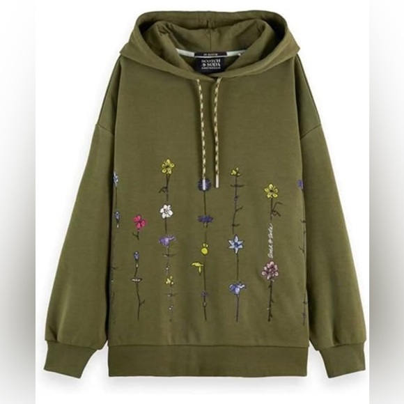 Oversized Growing Flowers Embroidered Scotch & Soda green Bloom Hoodie - Picture 1 of 5